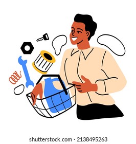 People on shoping. Young man with basket of tools. Set of wrenches, worker buys his inventory. Belt rack with trolley in supermarket. Important things for garage. Cartoon flat vector illustration