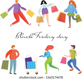 People on shopping. Black Friday. People rush shopping. Vector illustration of flat people.