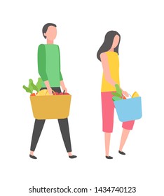 People on shopping buying products isolated cartoon characters. Vector male and female with baskets full of grocery food, vegetables and greens, flat style