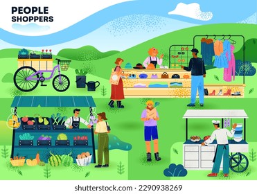 People on shopping. Group at fair buy clothes, food, vegetables, fruits and plants. Characters make different purchases. Buyers and sellers with stalls outside. Cartoon flat vector illustration