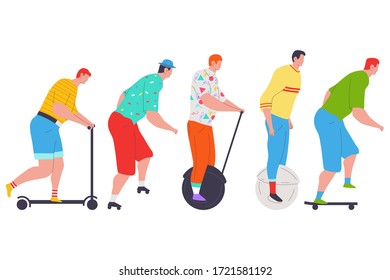 People on a skateboard, rollers, scooter vector cartoon set isolated on a white background.