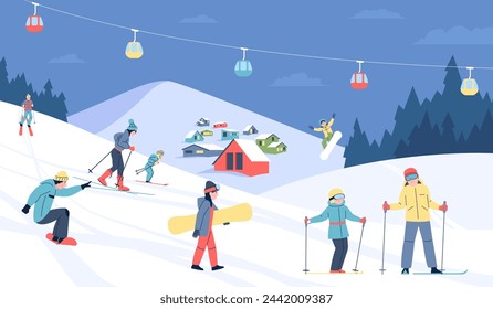 People on ski resort. Winter resting in mountains. Adults and children skiing and snowboarding. Outdoor seasonal sport activities, recent vector scene