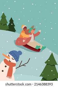 people on sled in the snow