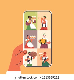 people on smartphone screen celebrating Oktoberfest party beer festival online communication concept mix race friends discussing during video call portrait vector illustration