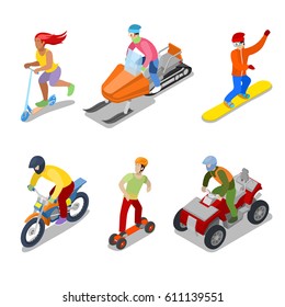 People on Snowboard, ATV and Motorcycle. Extreme Sports. Vector flat 3d isometric illustration