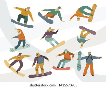 People on snowboards Men and women in motion Vector flat illustration