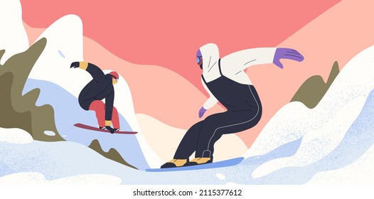 People on snowboards riding, sliding at mountain resort. Snowboarders on snow boards on winter holidays. Snowy scene, landscape with men during sports activity in Alps. Flat vector illustration