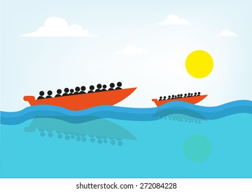 People on a Speed Boat or Rescue Raft. Concept for lifeguard, navy patrol, or illegal migrants sailing to destinations like in Mediterranean or Italy's Coasts.