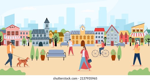 People on square of cute old town. Historic buildings in city center. People strolling around. Man walking with pet, woman riding bike, father with daughter eating ice cream. Tourists activity vector