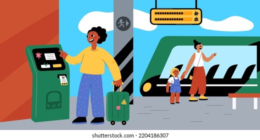 People on station. Passengers pay for tickets via ATM. Electronic payment points. Contactless purchase. Self ordering touchscreen terminal. Automatic machine. Garish