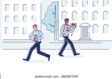 People on street eating fast food hurrying to office. Busy businessmen having lunch and coffee on the go while walking city. Cartoon linear vector illustration