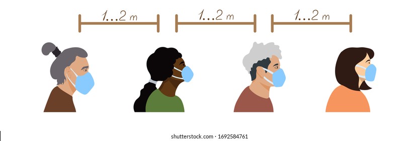 People on the street keep a distance between themselves. Men and women adhere to safety measures against coronavirus, pandemic, epidemia, COVID-19, 2019-nCoV. Vector flat cartoon illustration.