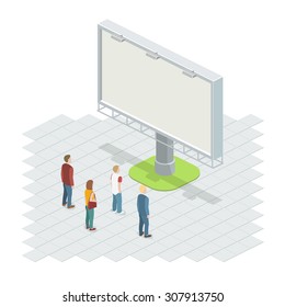 People On The Street Looking At The Billboard. Isometric Vector Illustration.