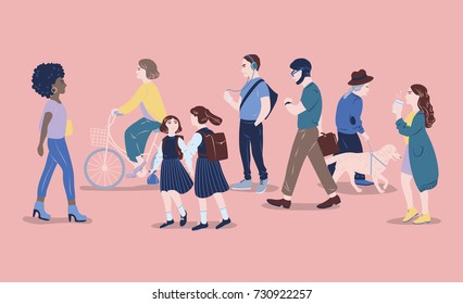 People on street. Men and women of different age passing by, walking, standing, riding bicycle, listen to music. Modern city dwellers, urban lifestyle. Hand drawn vector illustration.