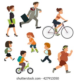 people on the street in motion. vector. children go walking. woman go walking.