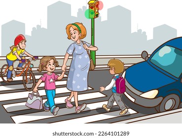 People on street. Pedestrian crossing road on crosswalk with street lights cartoon vector