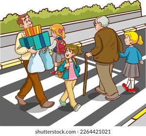 People on street. Pedestrian crossing road on crosswalk with street lights cartoon vector