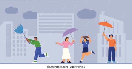 People on the street on a rainy day. A person who runs without an umbrella. A person with an umbrella blowing in the wind. flat design style vector illustration.