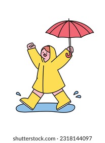 People on the street on a rainy day. A cute child wearing a raincoat and holding an umbrella is splashing in a puddle. Simple flat design style illustration with outlines.