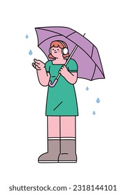 People on the street on a rainy day. A girl wearing a headset and holding an umbrella feels the rain. Simple flat design style illustration with outlines.