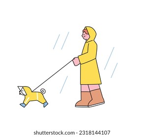People on the street on a rainy day. A person and a dog are walking in raincoats. Simple flat design style illustration with outlines.
