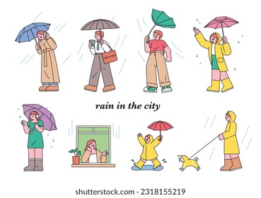 People on the street on a rainy day. Simple flat design style illustration with outlines.