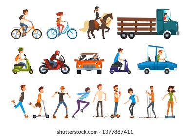 People on the street set, various vehicles cartoon vector Illustration on a white background