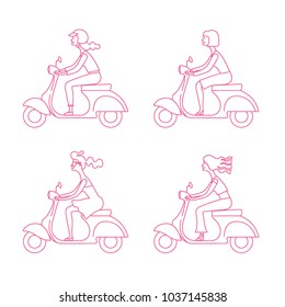 People on the street. Vector set of characters. A girl rides a scooter. The image of the lines.