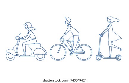 People on the street. Vector set of characters. A girl rides a scooter. A man rides a bicycle.
The image of the lines.