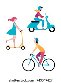 People on the street. Vector set of characters. A girl rides a scooter. A man rides a bicycle. Color image.