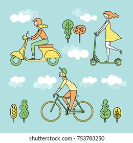 People on the street. Vector set of characters. A girl rides a scooter. A man rides a bicycle. Color image.