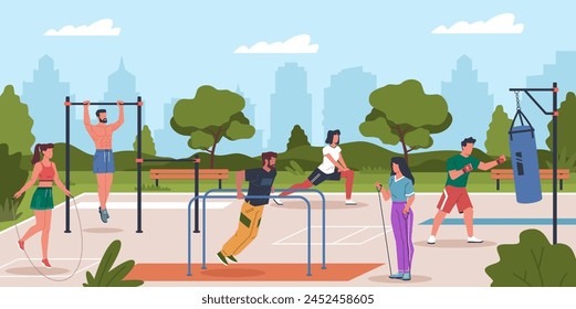 People on street workout. Athletes engaged fitness on outdoor sports ground, park turnstiles and exercise equipment, summer healthy lifestyle, cartoon flat style nowaday vector concept