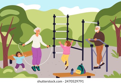 People on street workout. Elderly couple with children train on sport field. City fitness equipment. Kids playing at gymnastic turnstiles. Granny jumping rope. Garish