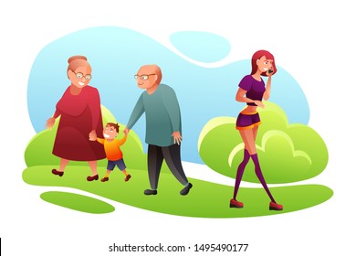 People on stroll in park flat vector illustration. Cheerful seniors with little kid and young woman cartoon characters. Happy elderly couple and grandchild holding hands. Smiling girl talking on phone