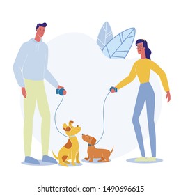 People on Stroll with Pets Vector Illustration. Happy Man and Woman with Puppies on Leash Cartoon Characters. Dog Show, Walking Service. Young Domestic Animal Owners, Dachshund and Pooch Outdoor