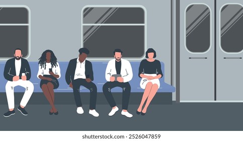 People on the Subway. Men and Women Sitting, Looking at their Smartphones. People Travel on Public Transport. Windows, Seats, Doors, Handrails. Vector Illustration