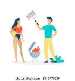 People on summer BBQ party. Man cooking sausage on grill. Cheerful woman outside. People spend time together. Vector illustration in cartoon style