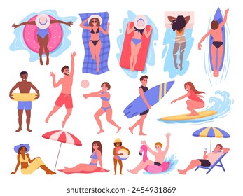 People on summer beach. Pool or sandy beach activities, characters in swimwear sunbathing, swimming on inflatable rings, relaxing under sun flat vector illustration set. Summer vacation pastime