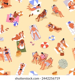 Gente en la playa de verano, patrón sin fisuras. Pequeños turistas que se relajan, descansando tomando el sol en la arena, toallas, un fondo sin fin. Impresión repetida, balneario en vacaciones. Ilustración vectorial plana imprimible