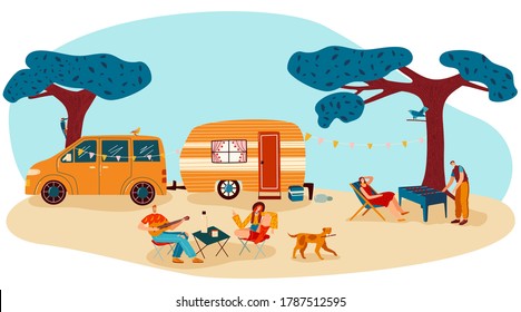 People on summer camp picnic vector illustration. Cartoon flat happy man woman camper traveler characters have fun together, cook barbecue grill food near retro campervan car trailer isolated on white