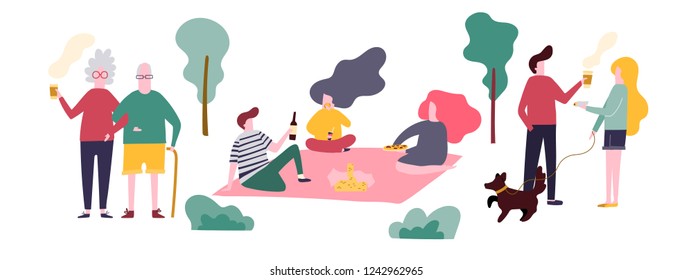 People on the summer outdoor street food festival. They are walking with meals, eating and drinking, talking to each other, sitting on the grass. Flat cartoon illustration. Stock vector