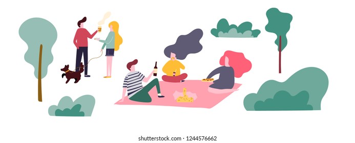 People on the summer outdoor street food festival. They are walking with meals, eating and drinking, talking to each other, sitting on the grass. Flat cartoon illustration. Stock vector