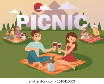 People on summer picnic vector illustration. Young family with children, romantic couple on date, grandparents playing with granddaughter. Happy time together on outdoor picnic in nature for everybody