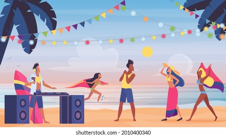 People on summer sea beach fun party, tropical island vacation vector illustration. Cartoon crowd of friend characters in swimsuit and beachwear dancing together, seaside swim music party with dj