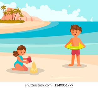 People on summer vacation. Children playing sandcastle on the beach. Vector illustration EPS10. 