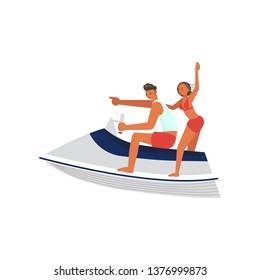 People on summer vacation concept. A young man and woman race on aquabike. Flat Art Vector illustration