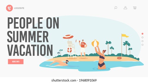 People on Summer Vacation Landing Page Template. Tourists and Rescuer on Beach. Lifeguard Male Character Yell to Megaphone on Sandy Shore Warning People Swimming in Sea. Cartoon Vector Illustration