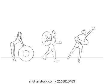 People on summer vacation in line art drawing style. Composition of three persons on holidays. Black linear sketch isolated on white background. Vector illustration design.