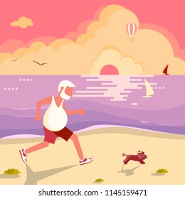 People on summer vacation. Old man with his dog jogging on the beach at sunset. Vector illustration eps10