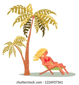 People on summer vacation. A young woman lies on a lounger and relaxes on a sea beach. Vector illustration EPS10. 